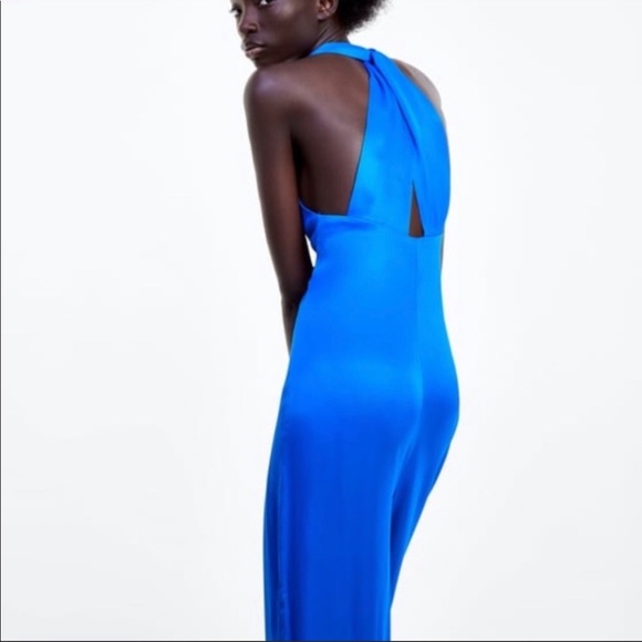 NEW ZARA Blue Flowing Satin Effect Jumpsuit - Picture 5 of 12